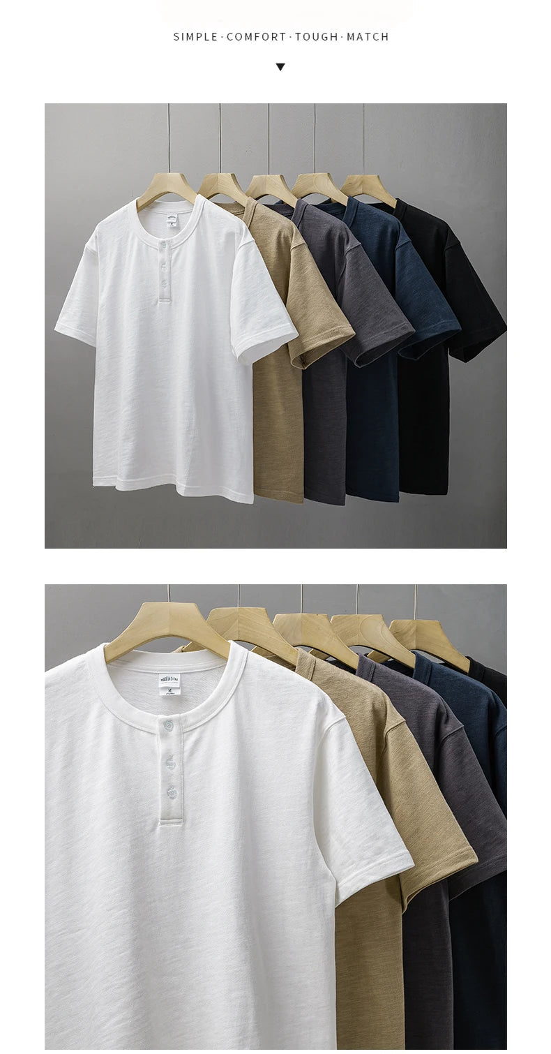 Dukeen 320g Heavyweight Henley Shirt for Men Short Sleeved Summer 100% Cotton Oversized White T Shirt Man Clothing luxecrown.co.uk