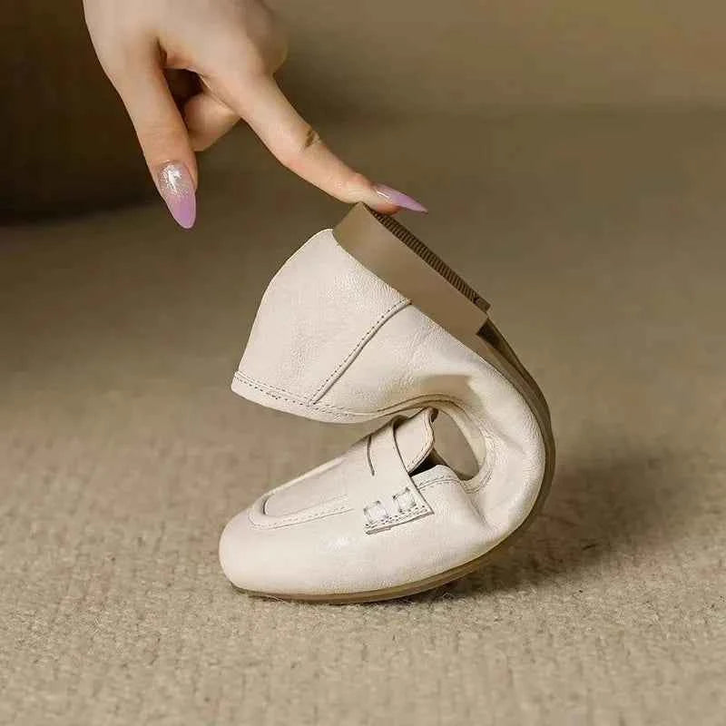 Woman Soft Leather Flat Bottom Single Shoes Women's Low Heel Flats Slip-On Casual Style Home Party Wear round Toe Bean Loafers luxecrown.co.uk