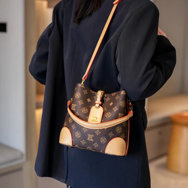 High-End Large Capacity Bucket Bag Women's Fashion Luxury Retro Floral Print Single Shoulder Bag Vintage Style PU Material luxecrown.co.uk