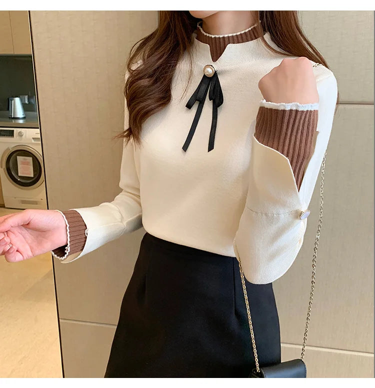 Autumn Winter Sweater Sweet Bow Knitwears Long Sleeve Slim Pullovers Women Solid Knitted Sweater Korean Casual Base Layer Y2k