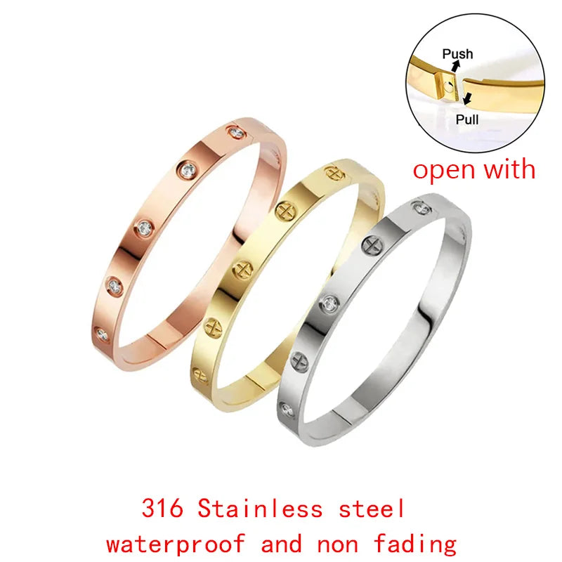 2025 New Design Gold Color Zircon And Cross Nut Nail Bracelet Gold & Bangle For Woman Stainless Steel Screw Brand Jewelry Streetsharks