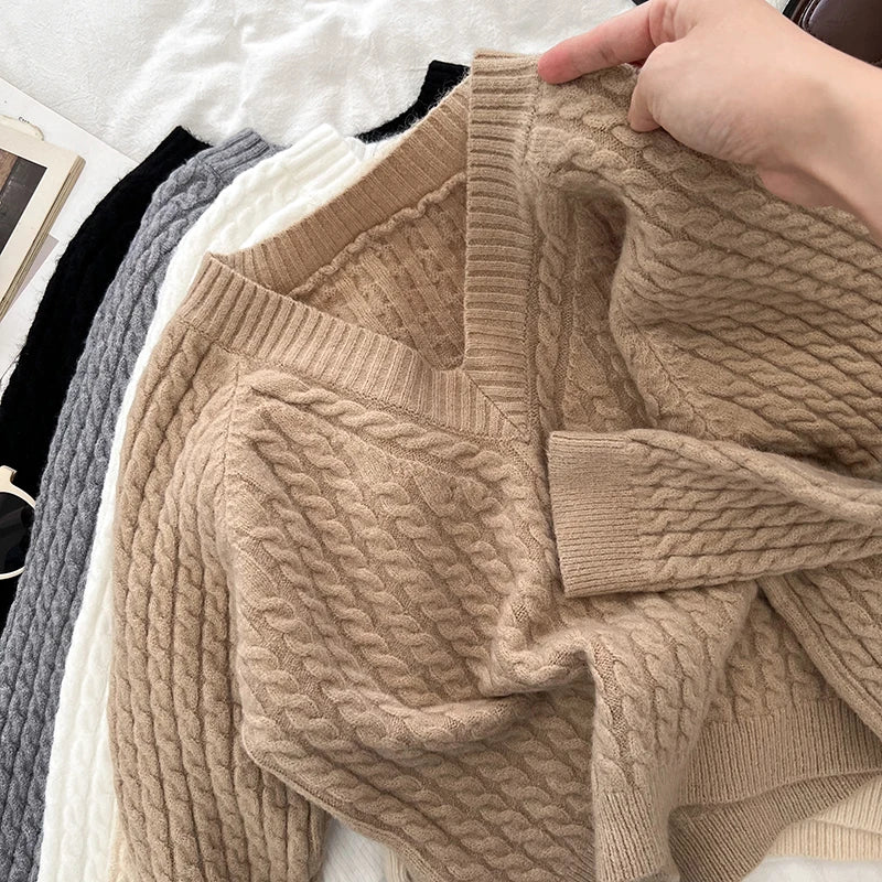 2026 New Autumn Winter Women V-neck Long Sleeve Knitted Sweaters Twist Striped Loose Solid Color Short Pullover Tops