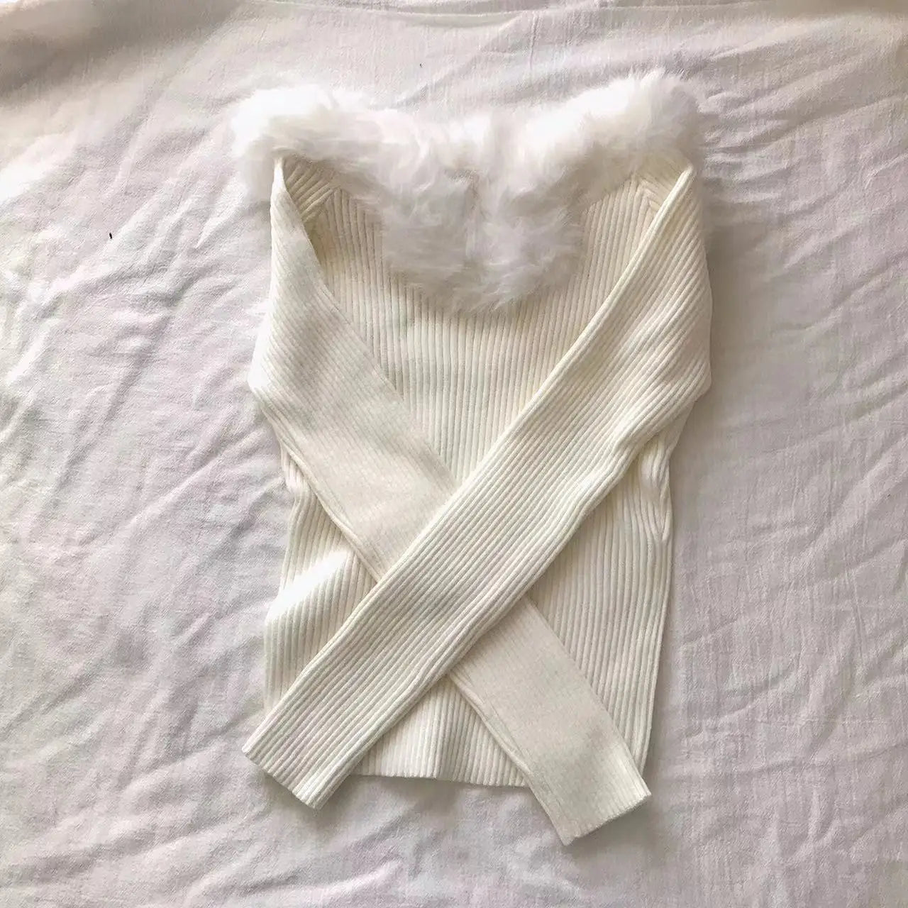 2026 New Autumn Winter Women Long Fur Collar Sleeve Knitted Sweaters Elastic Slim Solid Multi Color Short Pullover Tops