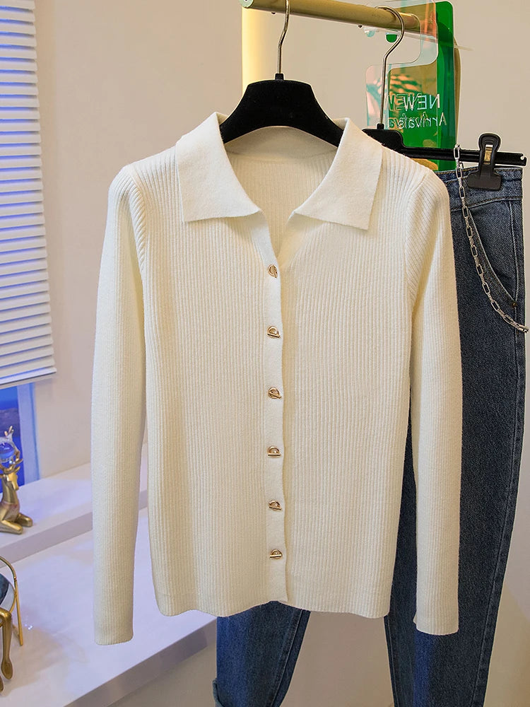 2026 Korean Style Fashion Autumn Winter Turn Down Collar Cardigan Knitted Sweater Casual Loose Long Sleeved Base Sweater Women