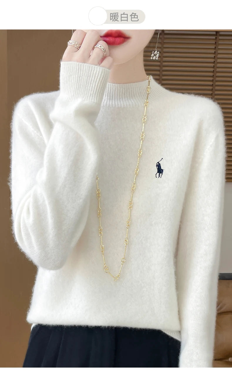 2024 Autumn/Winter Women's New Cashmere Hoodie Fashionable Embroidered Half High Neck Soft Cashmere Explosive100% Australianwool Streetsharks