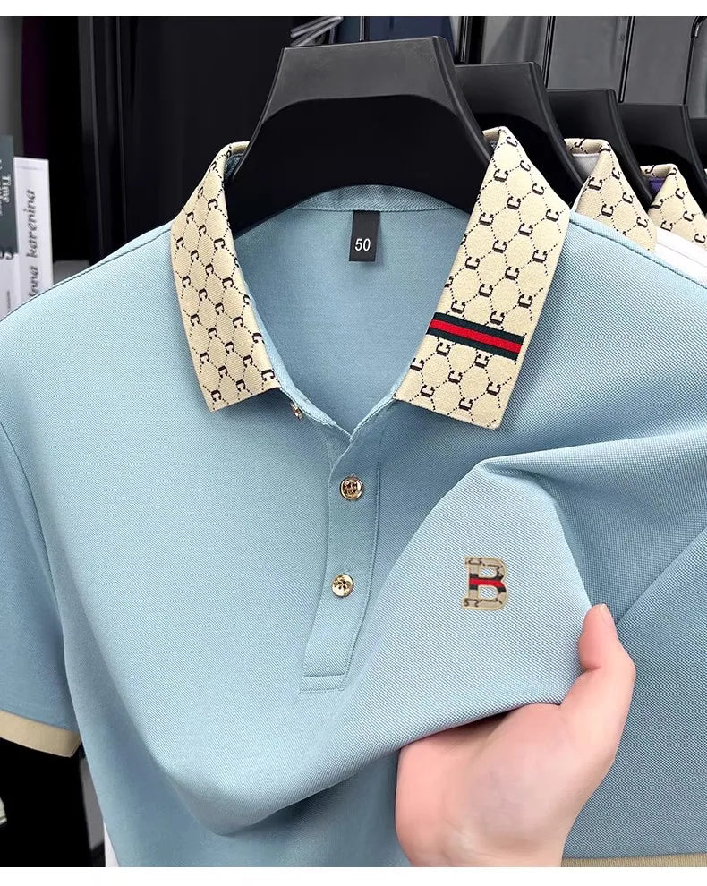 Luxury brand B letter embossed short sleeve polo shirt men summer lightweight breathable new fashion color blocked lapel T-shirt luxecrown.co.uk
