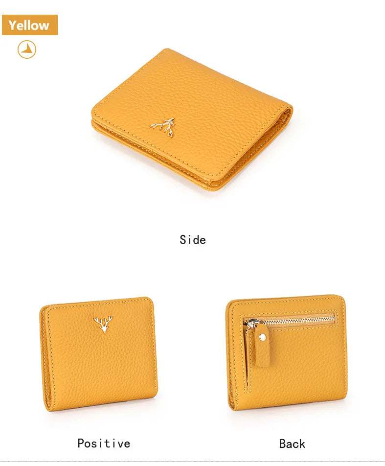 Cowhide Women's Purses Short Thin Small Wallet Chic Christmas Deer Button Ladies Genuine Leather Card Holder Wallet Coin Purse luxecrown.co.uk