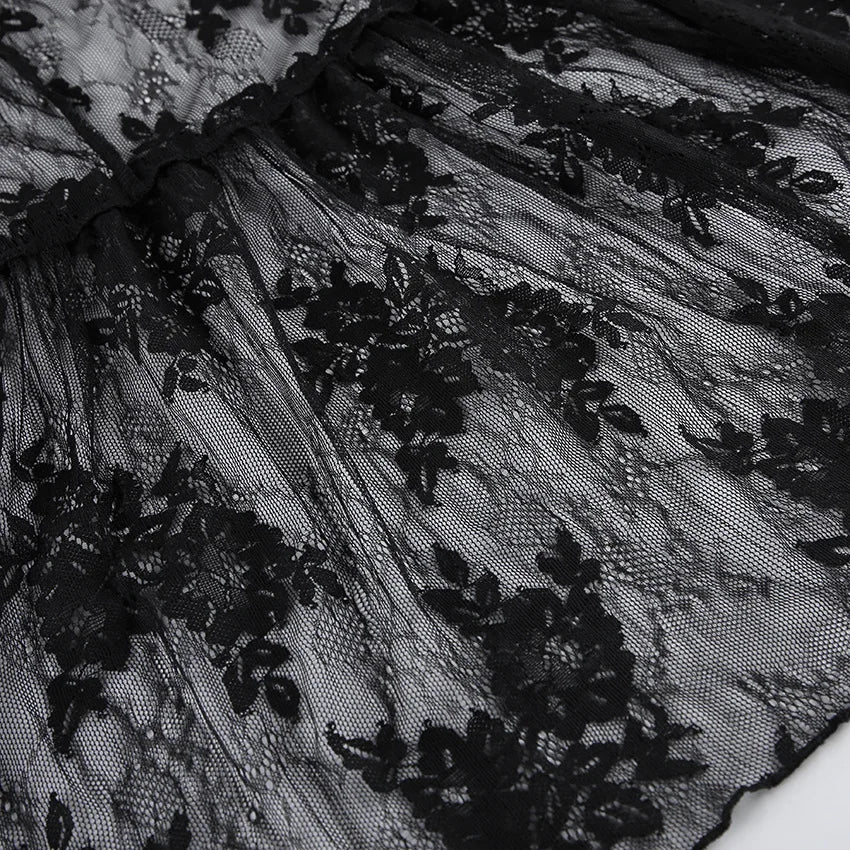 TARUXY Elegant Black Lace Sexy Dress Women's Summer New Perspective Hollow Out Slit V-Neck Straps Dress Female Party Club Dress