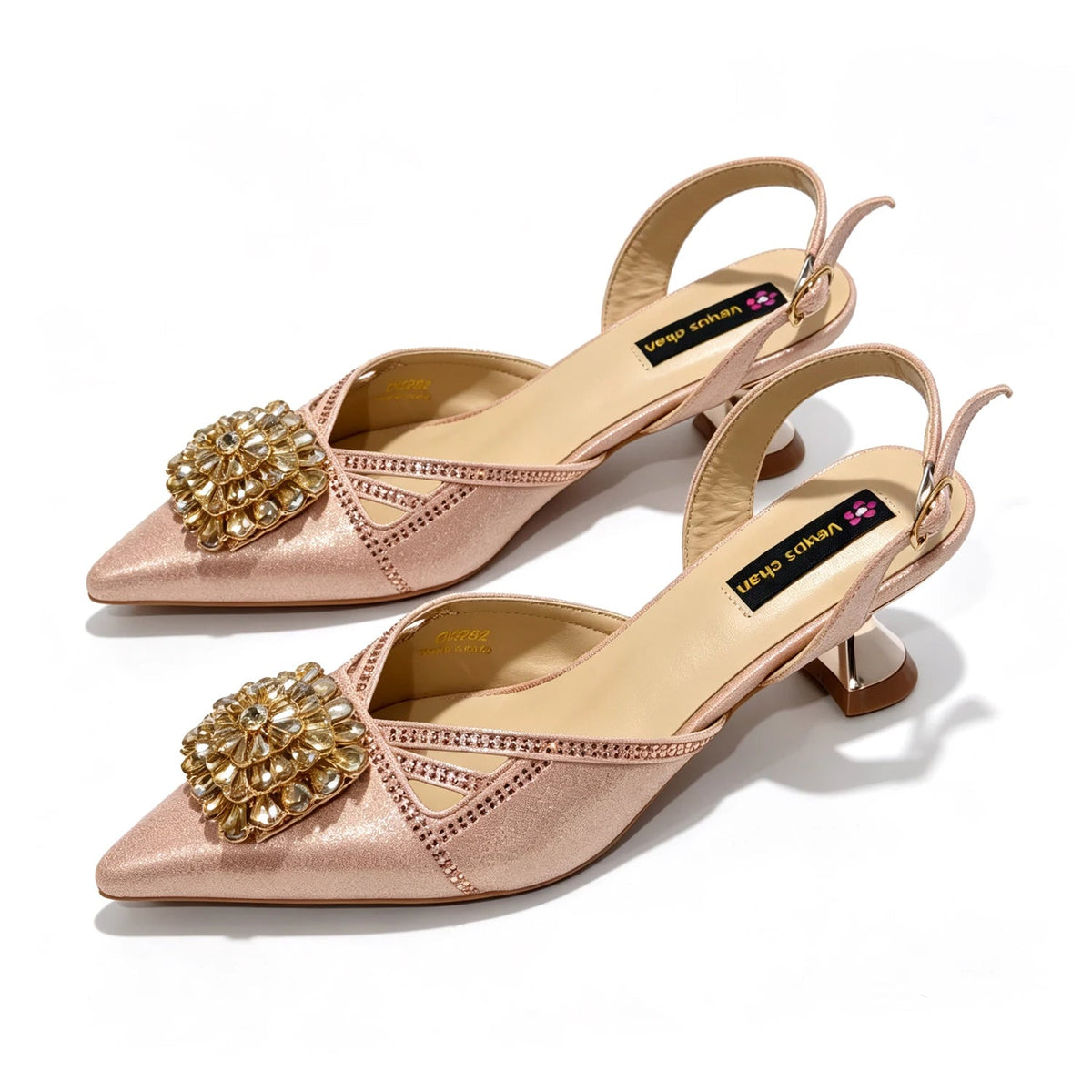 2026 Italian Peach Gold Rhinestone HAND CRAFTED UPPER Pointed Toe Women High Heels Shoes and Bag Set Elegant Party Shoes luxecrown.co.uk
