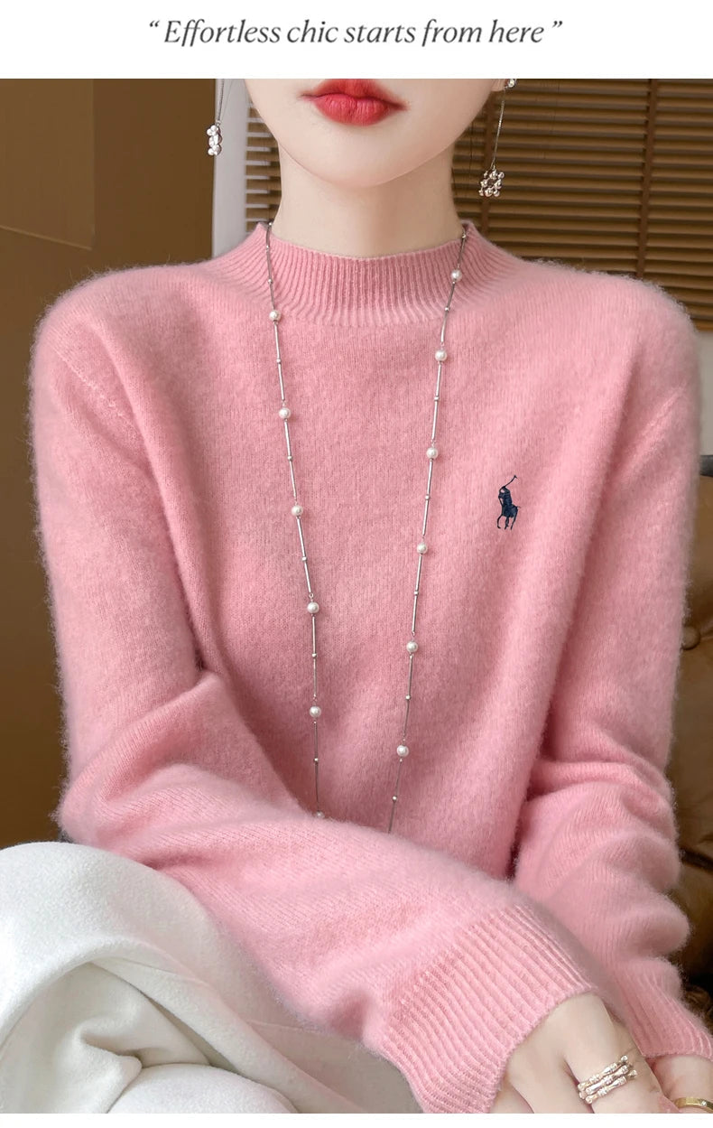 2024 Autumn/Winter Women's New Cashmere Hoodie Fashionable Embroidered Half High Neck Soft Cashmere Explosive100% Australianwool Streetsharks