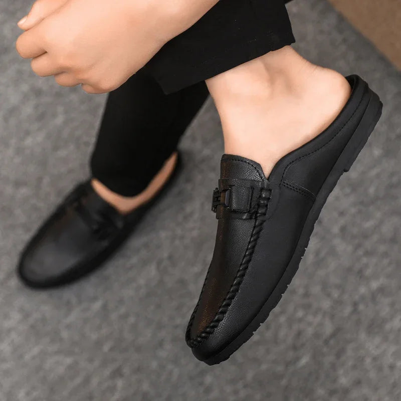 Summer Leather Men Half Slippers Breathable Mens Casual Shoes Slip-on Lazy Driving Shoes Comfortable Walking Loafers Moccasins luxecrown.co.uk