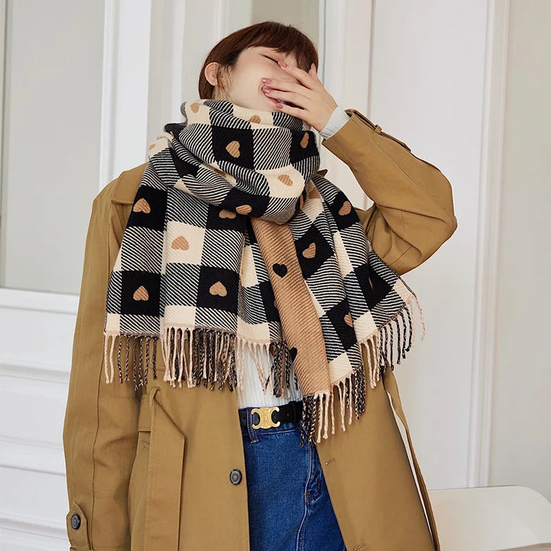 1 Women's Autumn and Winter Heart-Patterned Scarf, Women's Plaid Comfortable Scarf, Thick Large Blanket Shawl Scarf