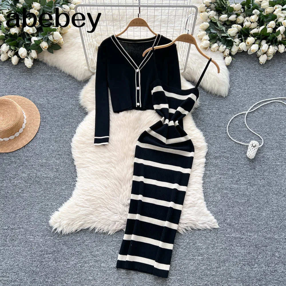 New Fashion Autumn Knitted Suits Long Sleeve V Neck Buttons Top+Stripe Strap Bodycon Dress Elegant OL Women Two Piece Sets