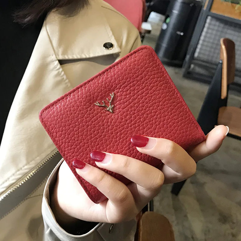 Cowhide Women's Purses Short Thin Small Wallet Chic Christmas Deer Button Ladies Genuine Leather Card Holder Wallet Coin Purse luxecrown.co.uk