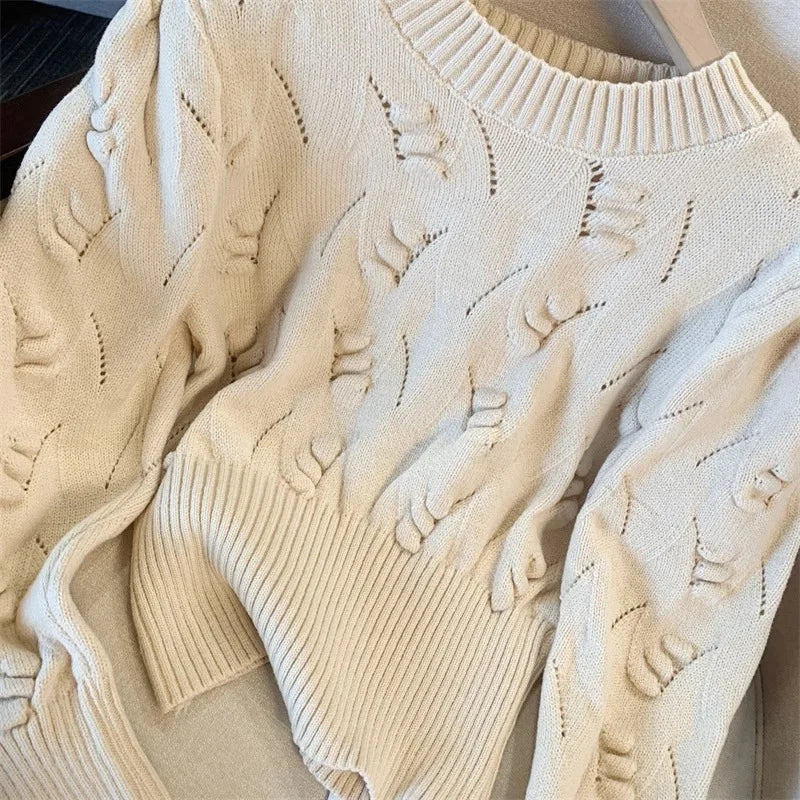 2026 New Autumn Winter Women O-neck Long Sleeve Knitted Sweaters Hollow Out Knitwear Crochet Solid Color Short Pullover Tops