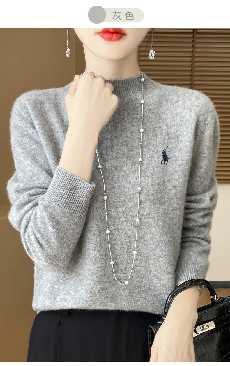 2024 Autumn/Winter Women's New Cashmere Hoodie Fashionable Embroidered Half High Neck Soft Cashmere Explosive100% Australianwool Streetsharks