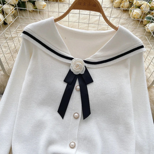 Women Autumn Winter Full Sleeve Sweater Korean Style Bow  Sailor Collar  Knitted Cardigan Fashion O-Neck Single-breasted Tops