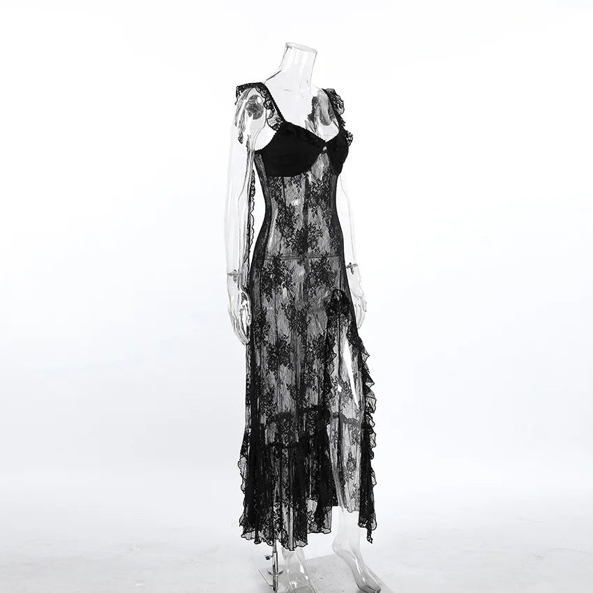 TARUXY Elegant Black Lace Sexy Dress Women's Summer New Perspective Hollow Out Slit V-Neck Straps Dress Female Party Club Dress