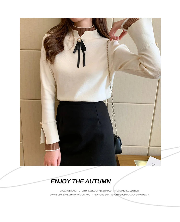 Autumn Winter Sweater Sweet Bow Knitwears Long Sleeve Slim Pullovers Women Solid Knitted Sweater Korean Casual Base Layer Y2k