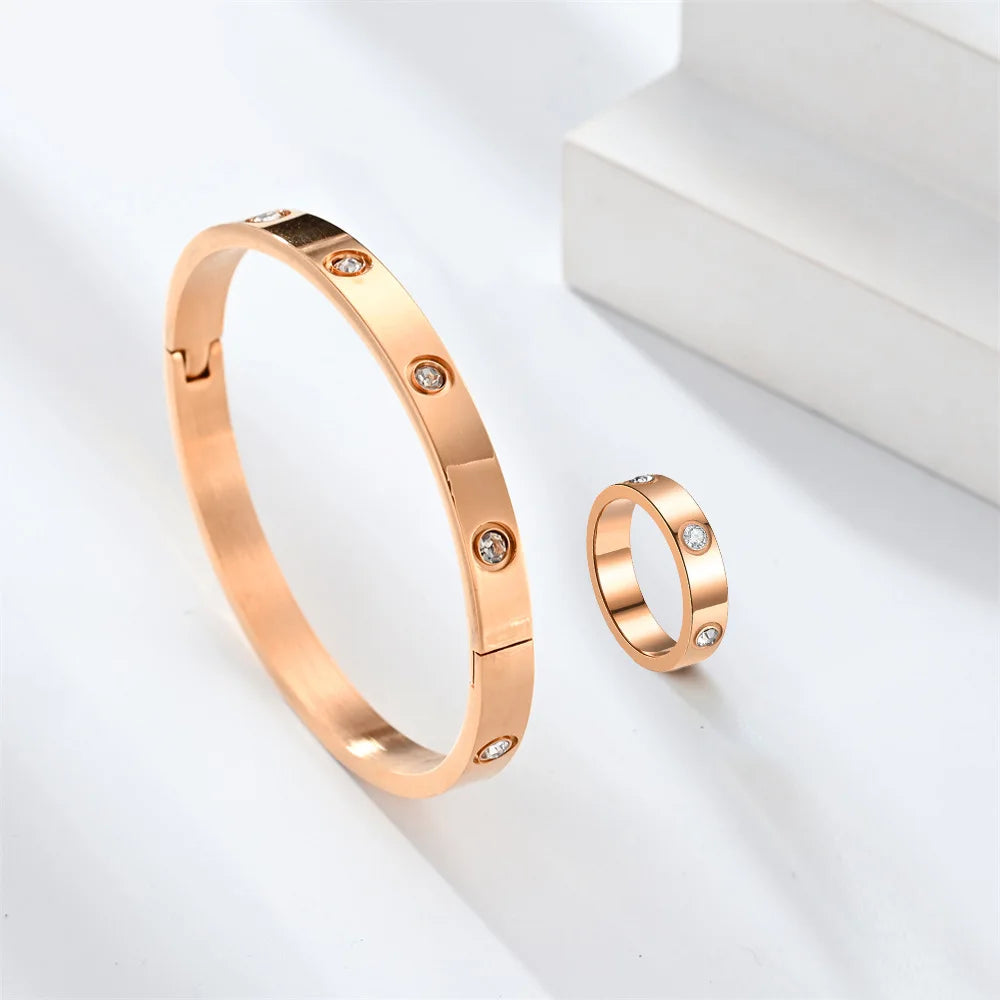 Stainless Steel Luxury Fashion Jewelry Set Golden Women Bangle Bracelet Love Cross Finger Rings For Men Women Jewelry Set Gift Streetsharks