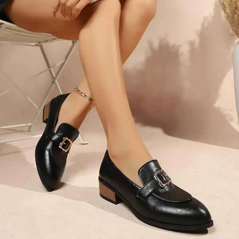 Retro Metal Buckle Thick Heel Loafers Women Summer 2026 Classic Black Brown Pu Leather Loafer Elegant Dress Shoes for Women luxecrown.co.uk