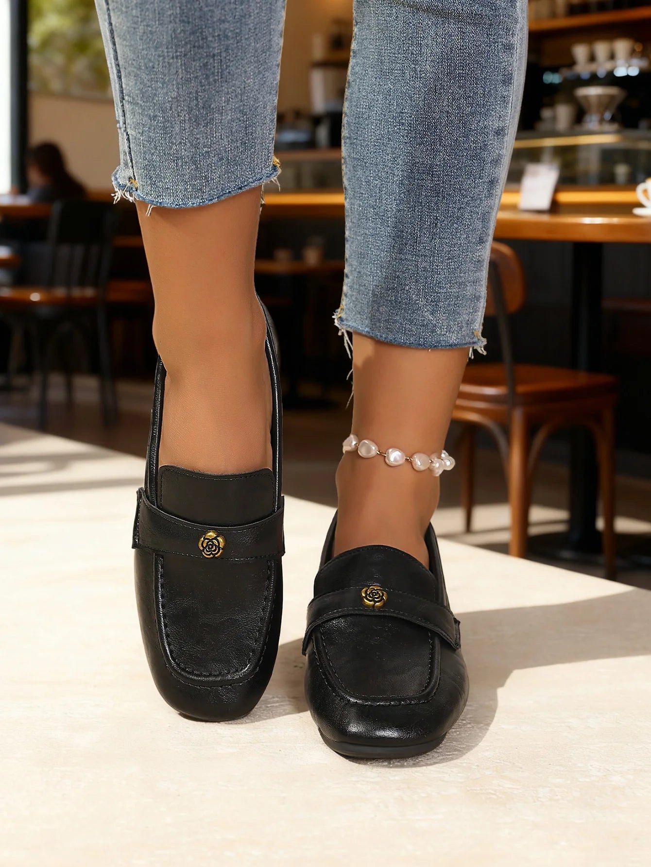 Women's Leather Flat Loafers with Gold-Tone Flower Accessory Round Apron Toe Low Block Heel Comfortable & Office Dress Shoes luxecrown.co.uk