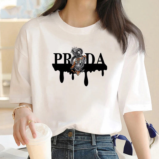Luxury Brand Fashion Dragon and Tiger Pattern Printed Crew Neck Clothing Short Sleeve T-Shirt Trend Women's Summer Y2K Top Streetsharks