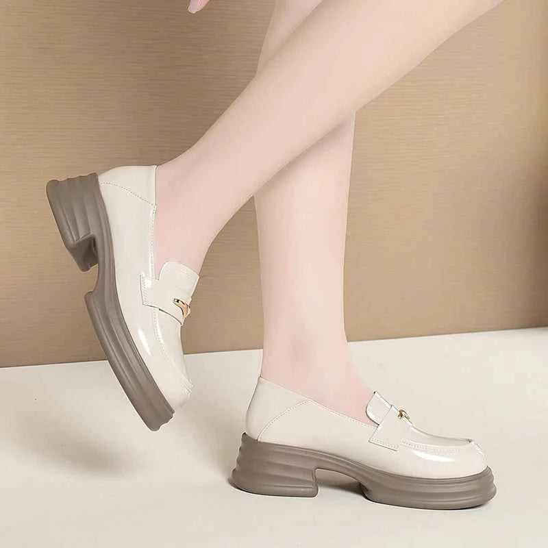 Thick-Soled Loafers Women's Spring And Autumn New British Style Retro Sponge Cake Leather Shoes Thick Heel Black Single Shoes luxecrown.co.uk