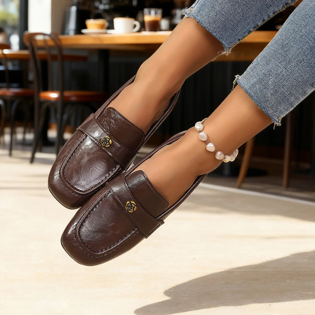 Women's Leather Flat Loafers with Gold-Tone Flower Accessory Round Apron Toe Low Block Heel Comfortable & Office Dress Shoes luxecrown.co.uk