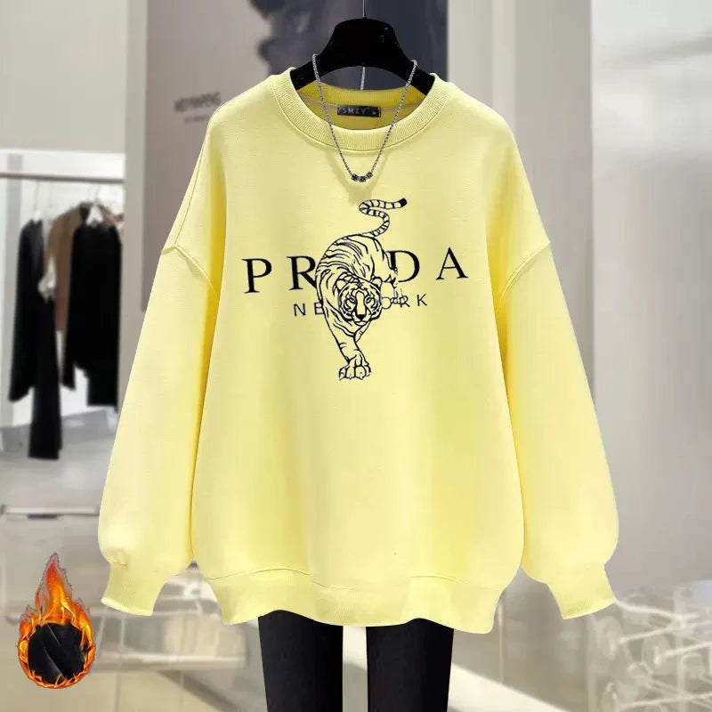 Luxury Brand Tiger Print Spring Autumn and Winter Fashion Loose Round Neck Pullover Sweater Women's Velvet Thicker Streetsharks