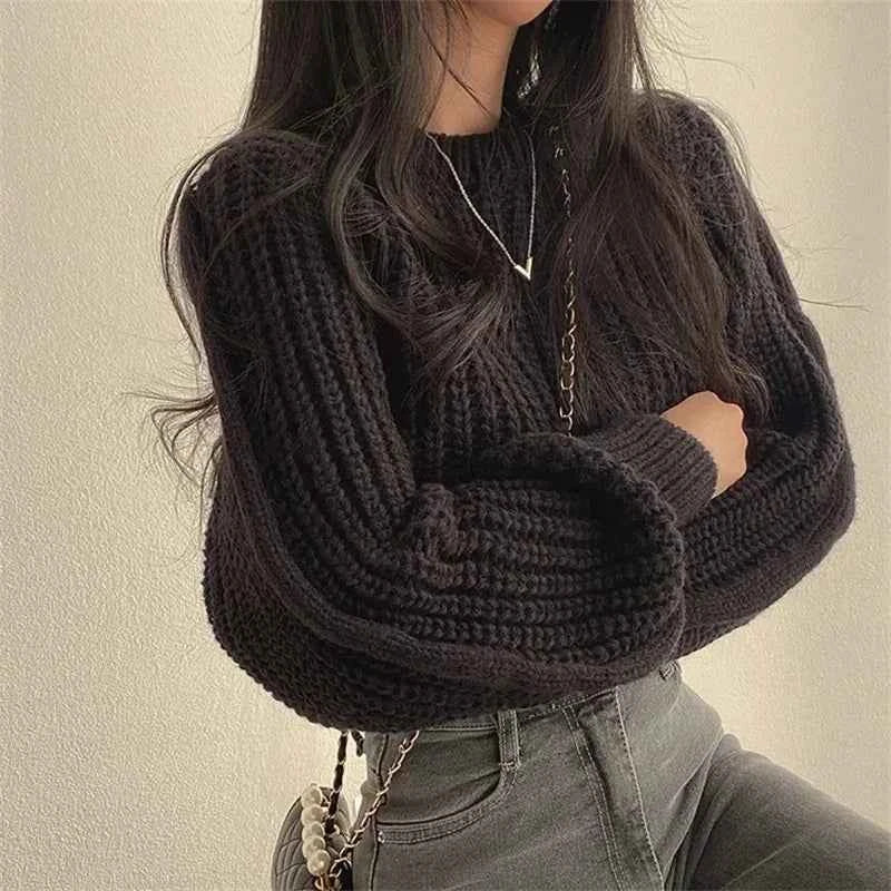 Loose Vintage Harajuku Lantern Long Sleeve Women Sweater Korean Autumn Winter Knitwear Soft Warm Tops Chic Solid Femme Sweater