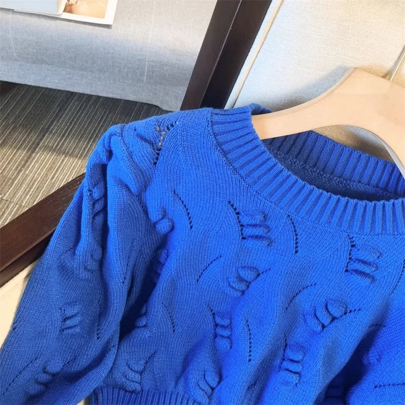 2026 New Autumn Winter Women O-neck Long Sleeve Knitted Sweaters Hollow Out Knitwear Crochet Solid Color Short Pullover Tops