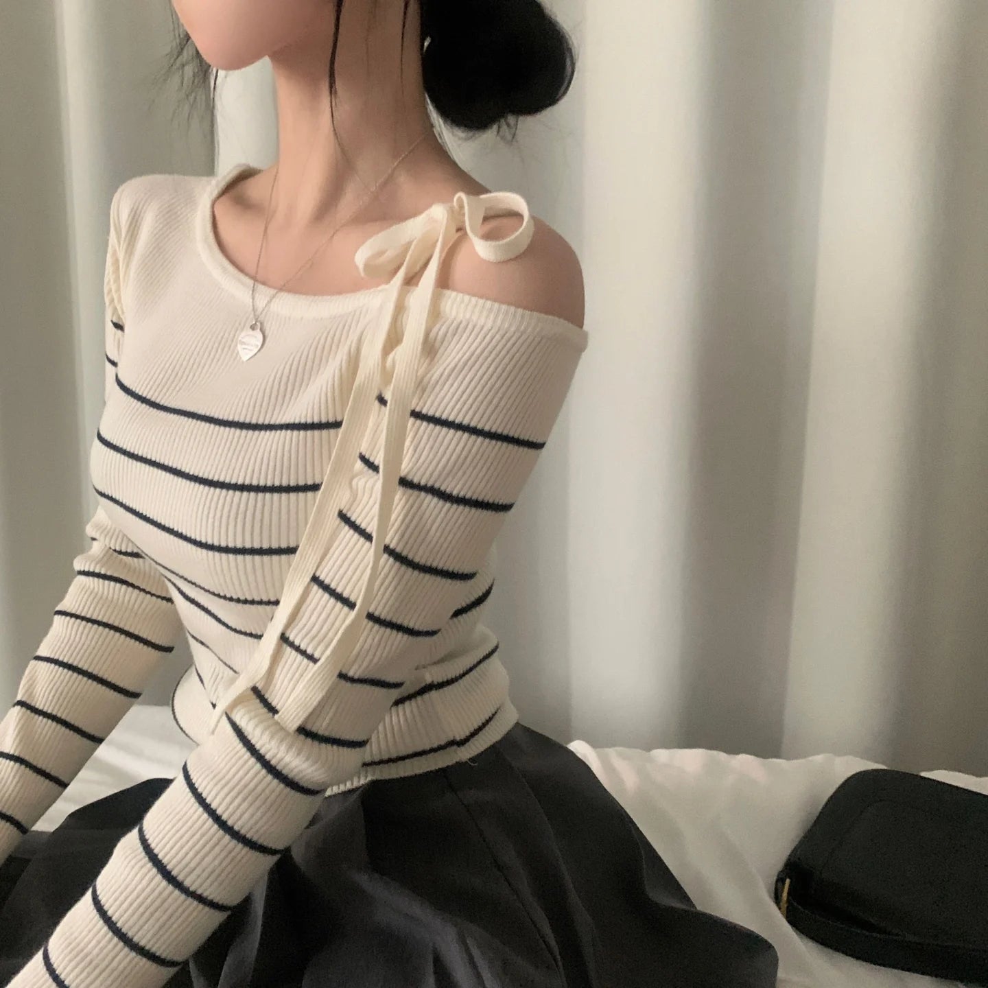 2026 New Women's Elegant Off-Shoulder Sweater T-Shirt Black White Striped with Adjustable Lace-Up Fall Winter Casual Chic Top