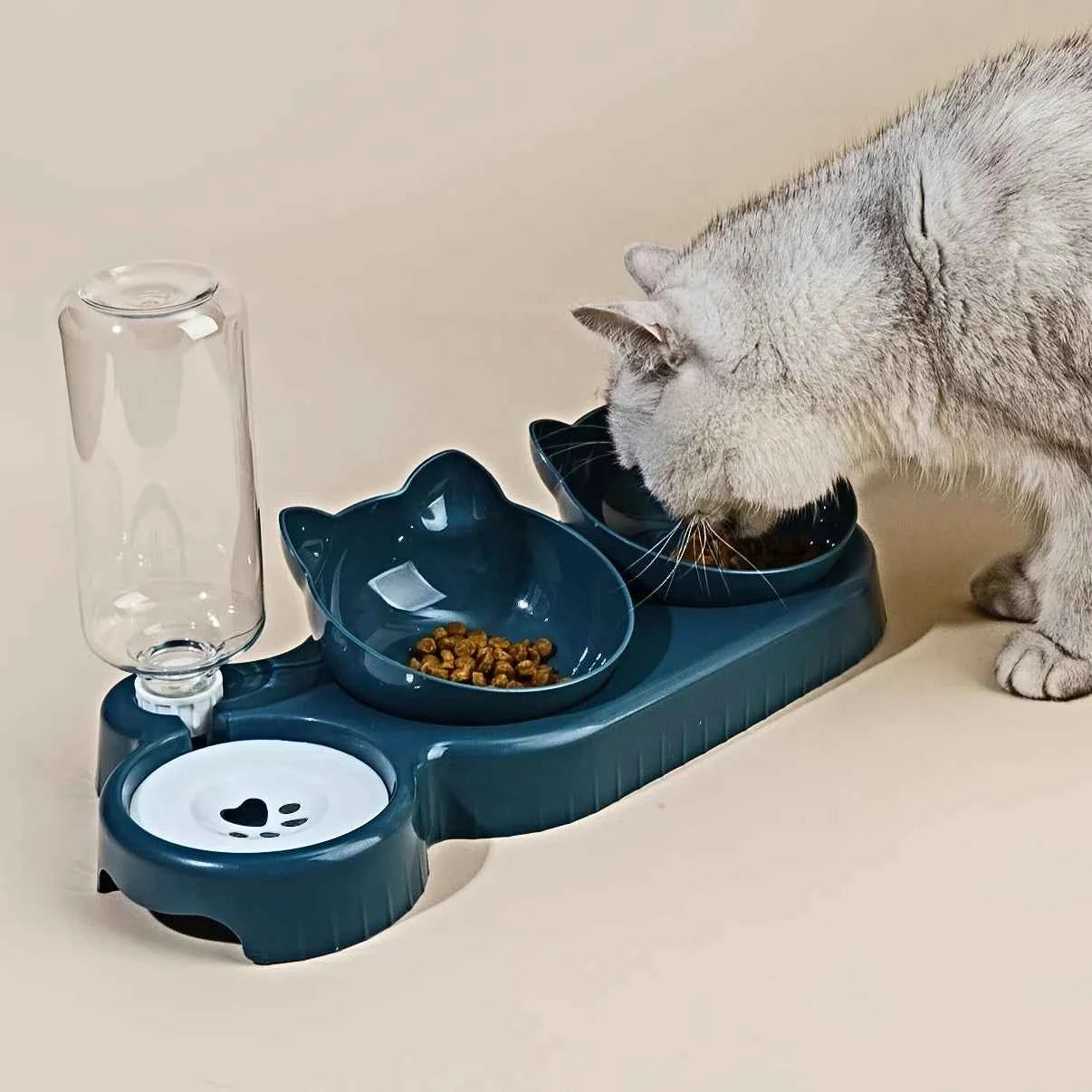 Pet Bowls With Water Feeder, 3 In 1 Ear Design Tilted Cat Water And Food Bowl Set With Gravity Water Bottle For Neck Protection luxecrown.co.uk