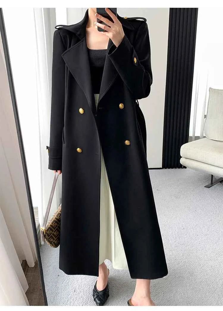 Lautaro Spring Autumn Long Black Trench Coat for Women Gold Buttons Double Breasted Elegant Chic Luxury Designer Clothes 2025