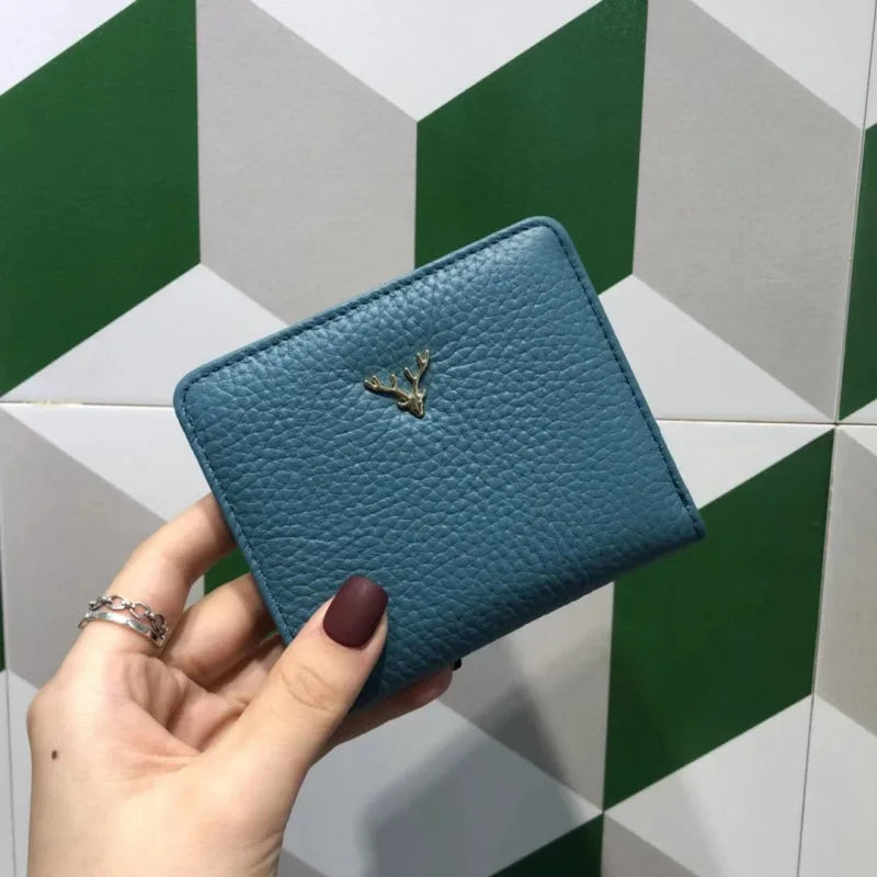 Cowhide Women's Purses Short Thin Small Wallet Chic Christmas Deer Button Ladies Genuine Leather Card Holder Wallet Coin Purse luxecrown.co.uk