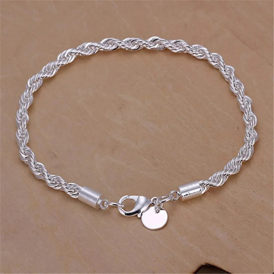 ALIZERO 925 Sterling Silver Unisex 4mm Rope Chain Bracelets for Men Women Twisted Links Chain Bracelet Simple Classic Jewelry Streetsharks