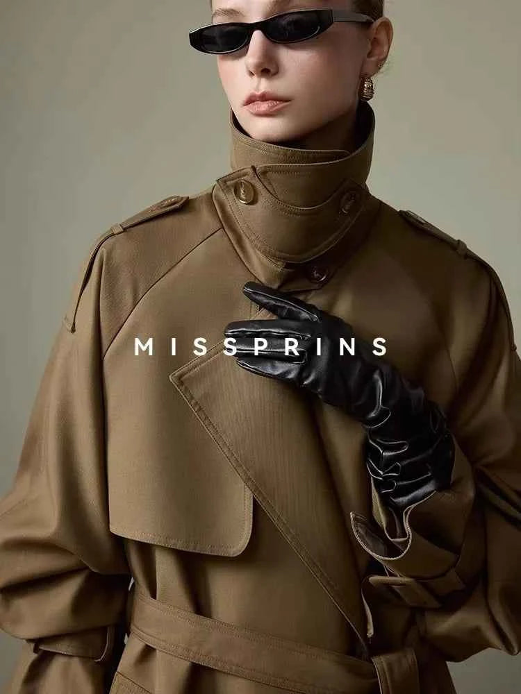 Lautaro Spring Autumn Long Khaki Trench Coat for Women Belt Double Breasted Chic Luxury Designer European Fashion Clothes 2025