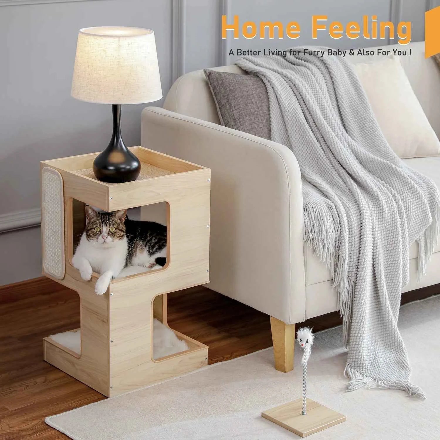 Wood Cat Condo House Bed with Removable Soft Mats Modern Cat Tree Tower with Scratching Pad Cat Scratcher Furniture Kitten Toys