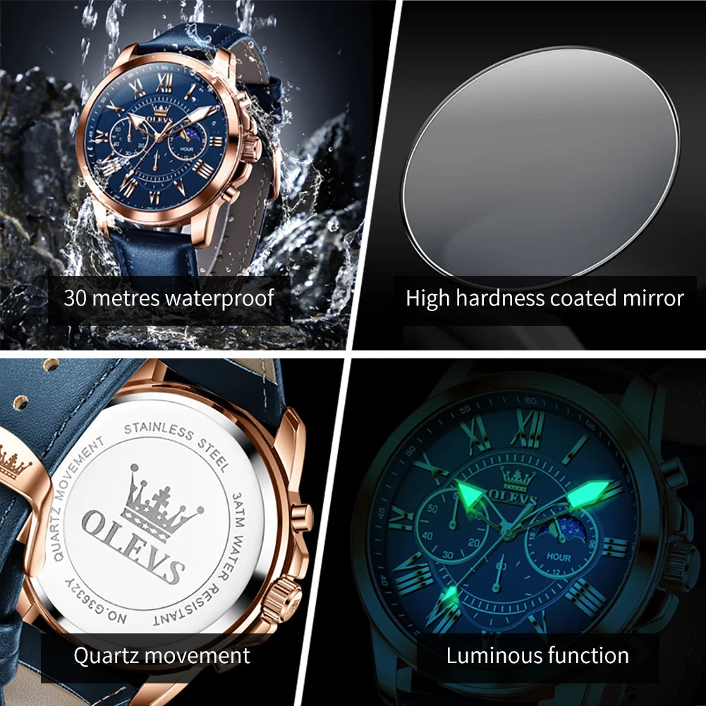 OLEVS 3632 Men Watch Elegant Luxury Sport Quartz Watch Scale Waterproof Luminous Automatic Date Moon Belt Watch Gifts Original luxecrown.co.uk