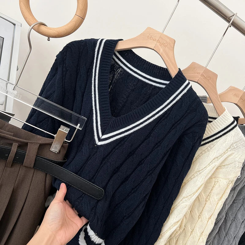 2026 New Autumn Winter Preppy Style Knitwear V-neck Long Sleeve Knitted Sweaters Twist Hit Color Striped Short Pullover Tops