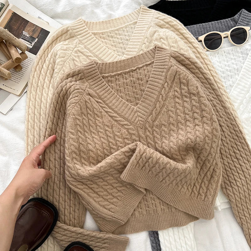 2026 New Autumn Winter Women V-neck Long Sleeve Knitted Sweaters Twist Striped Loose Solid Color Short Pullover Tops