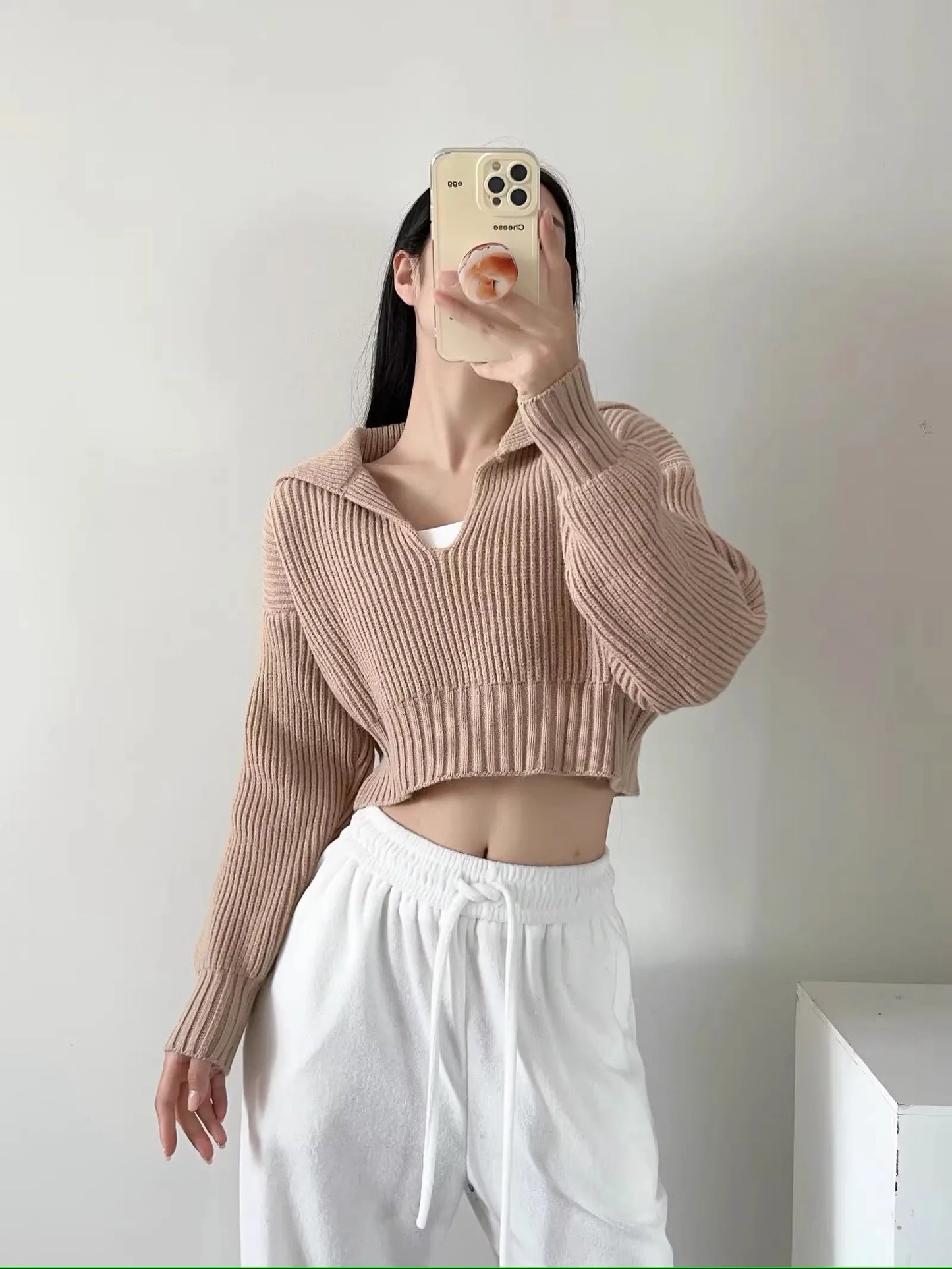 New Winter Women'S Cozy V-Neck Short Sleeve Pullover Soft Ribbed Texture Basic Long Sleeve Solid Knit Sweater Casual Womenswear