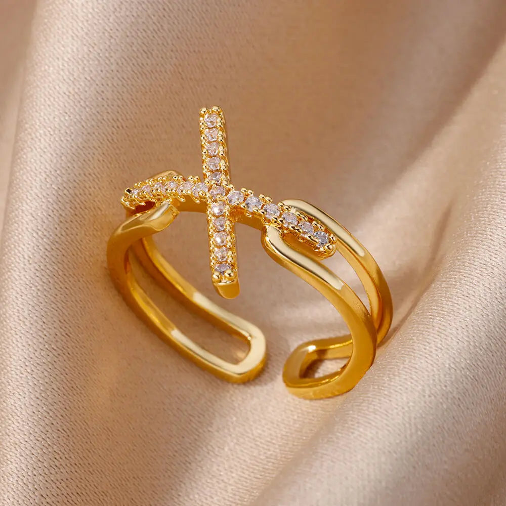 Fashion Gold Color Stainless Steel Rings For Women Chain Hollow Out Crystal Zircon Finger Ring Jewelry 2023 Gift anillos mujer Streetsharks