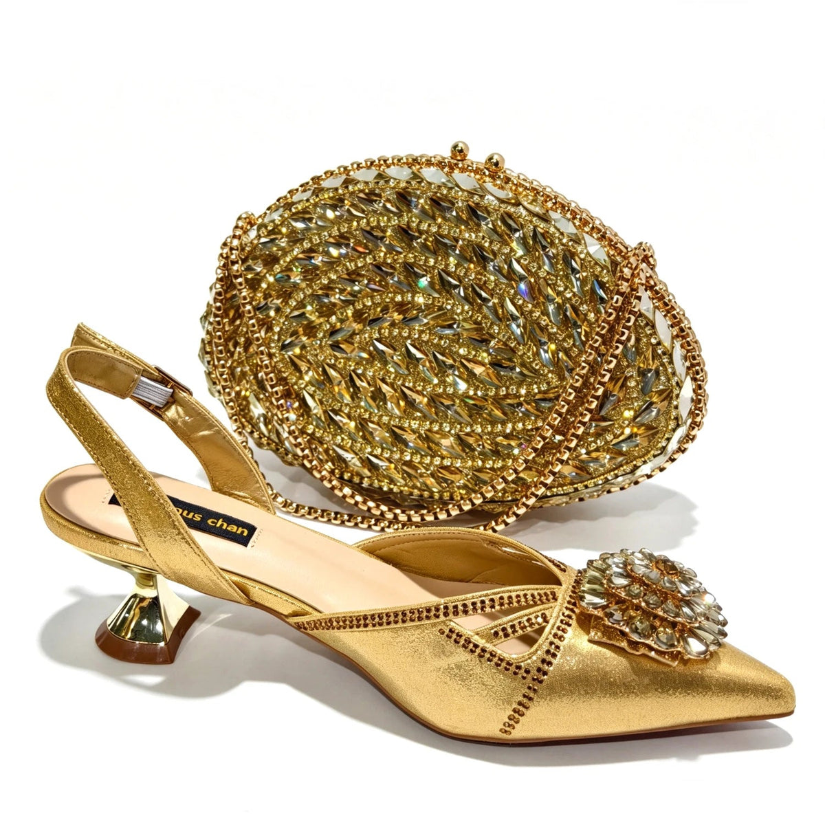2026 Italian Peach Gold Rhinestone HAND CRAFTED UPPER Pointed Toe Women High Heels Shoes and Bag Set Elegant Party Shoes luxecrown.co.uk