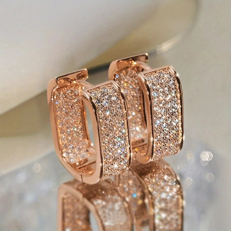 Luxury Full of Zircon Shiny Geometric Square Hoop Earrings for Women Temperament Gold Color Stainless Steel Korea Jewelry Gift Streetsharks