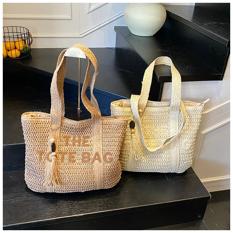 French Style Large Capacity Woven Straw Woven Bag for Women New Beach Vacation Shoulder Bag Casual Commuting Tote Bag Purse luxecrown.co.uk