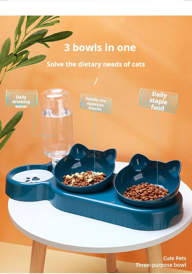Pet Bowls With Water Feeder, 3 In 1 Ear Design Tilted Cat Water And Food Bowl Set With Gravity Water Bottle For Neck Protection luxecrown.co.uk