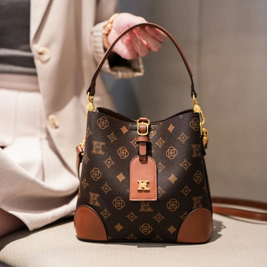 High-End Large Capacity Bucket Bag Women's Fashion Luxury Retro Floral Print Single Shoulder Bag Vintage Style PU Material luxecrown.co.uk