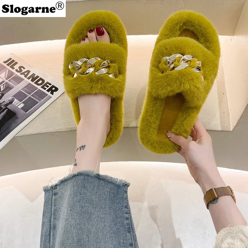 Fashion Faux Fox Fur Slippers Women Spring Autumn Fluffy Slides Ladies Peep Toe Fur Shoes Flat Large Size Furry Soft House Shoes luxecrown.co.uk